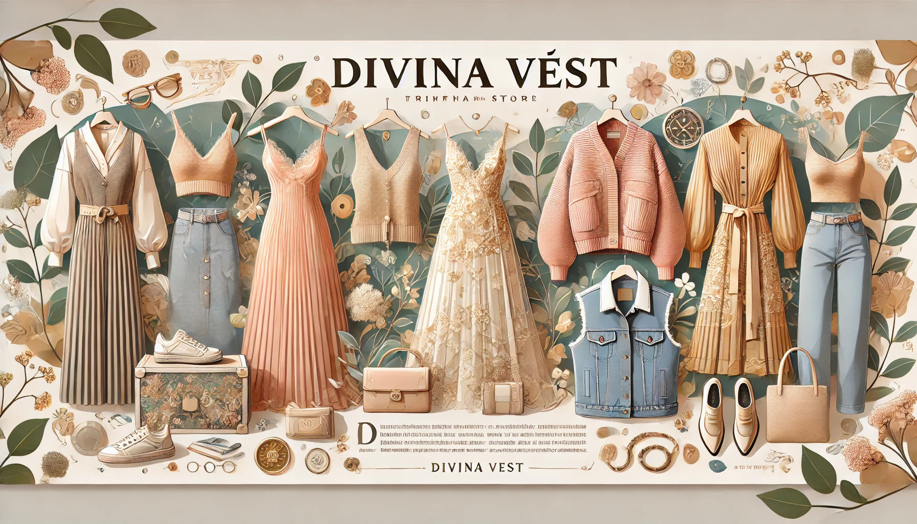 DALL·E 2025-01-22 14.09.02 - A visually appealing banner for a thrift store called 'Divina Vest.' The design features a stylish mix of modern and vintage clothing items such as el